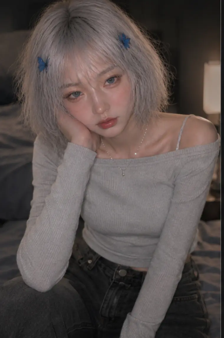 银灰色短发、佩戴蓝色蝴蝶发夹的 Nana